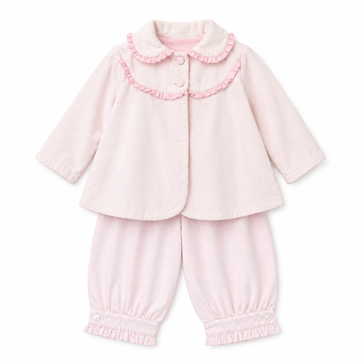 3/4 Two Girls & A Boy Cord Pink Ruffle Jacket + Alice Kathleen Petit Gingham Ruffle Pant Set