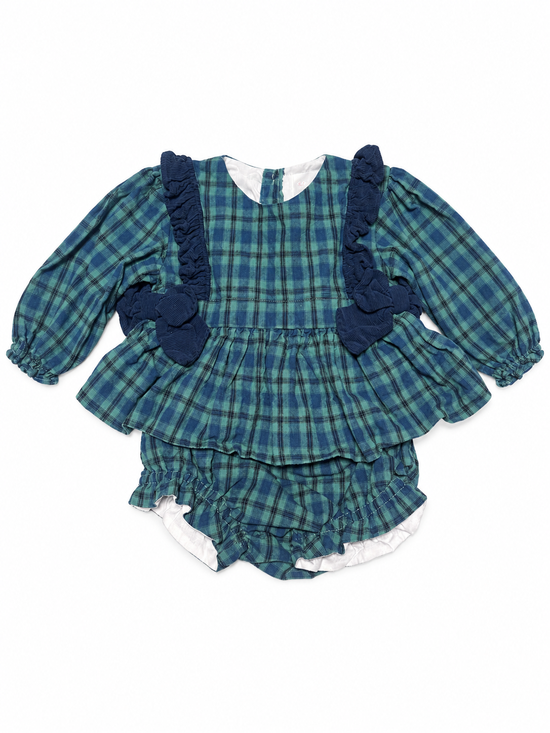 6M Navy & Green Plaid Bow Cord Bloomer Set