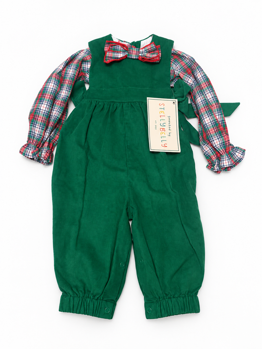 6/12M Stellybelly Green Bow Cord Longall + TBBC Prestonwood Plaid Bow Bubble Set
