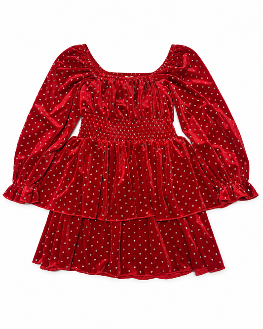 Be Girl Clothing Red Ruffle Velvet Sparkle Dress