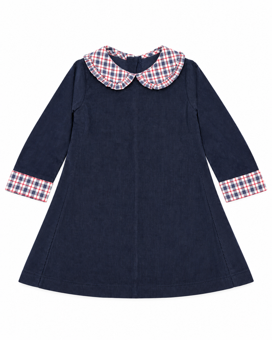 3T James & Lottie Navy Cord Ruffle Check LS Dress