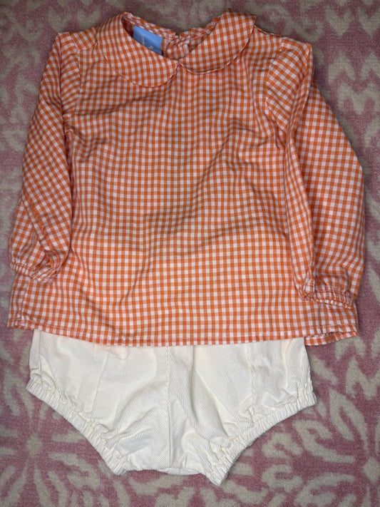 12/18M Bella Bliss Orange Gingham Peter Pan Top + Cord Hannah Kate Bloomer Set