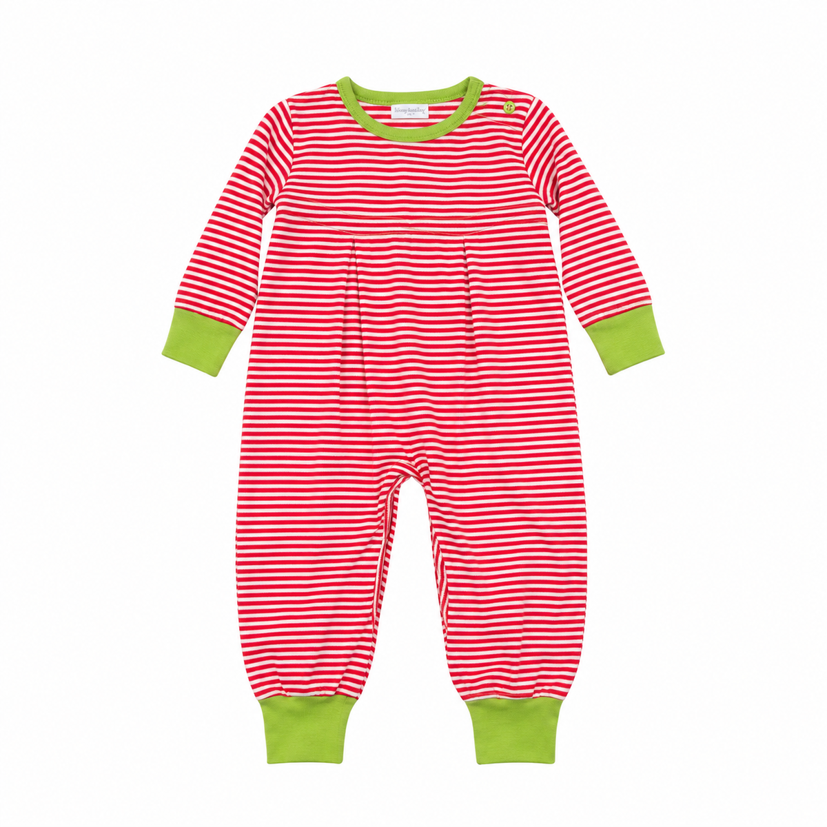 3/6M Squiggles Red & White Striped w/ Green Trim Long Romper