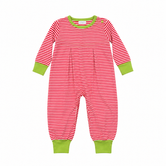 3/6M Squiggles Red & White Striped w/ Green Trim Long Romper