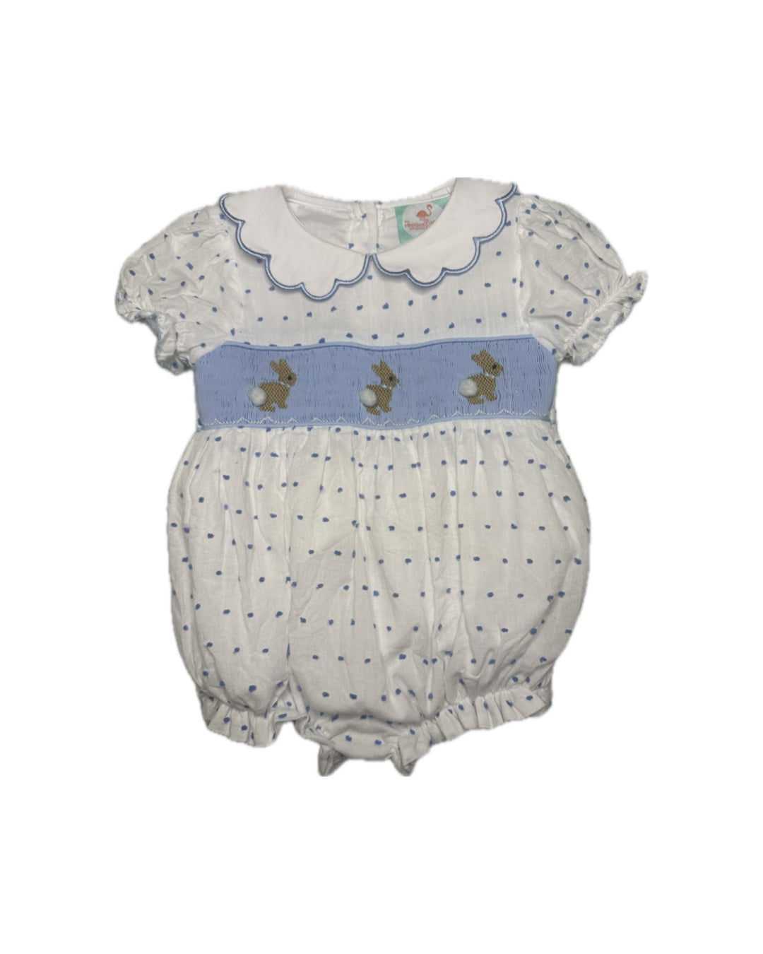 Swiss dot bunny smocked bubble blue & white 