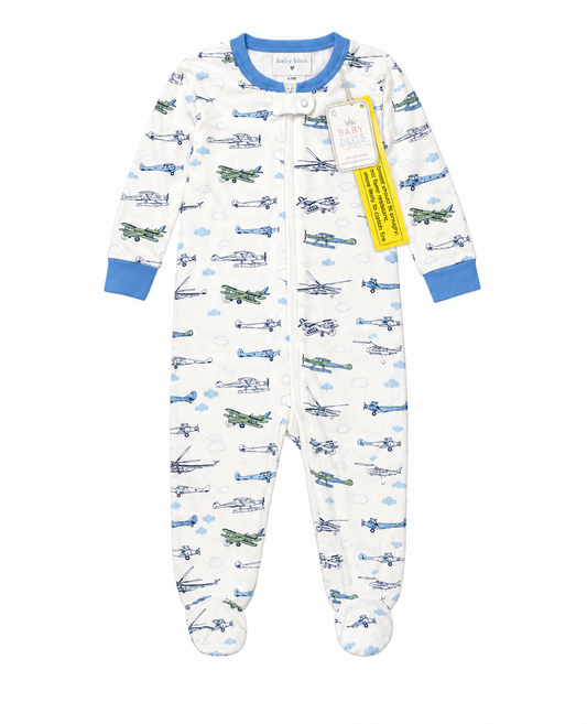 2T Baby Bliss Blue & Green Airplane Zip Up Jammie