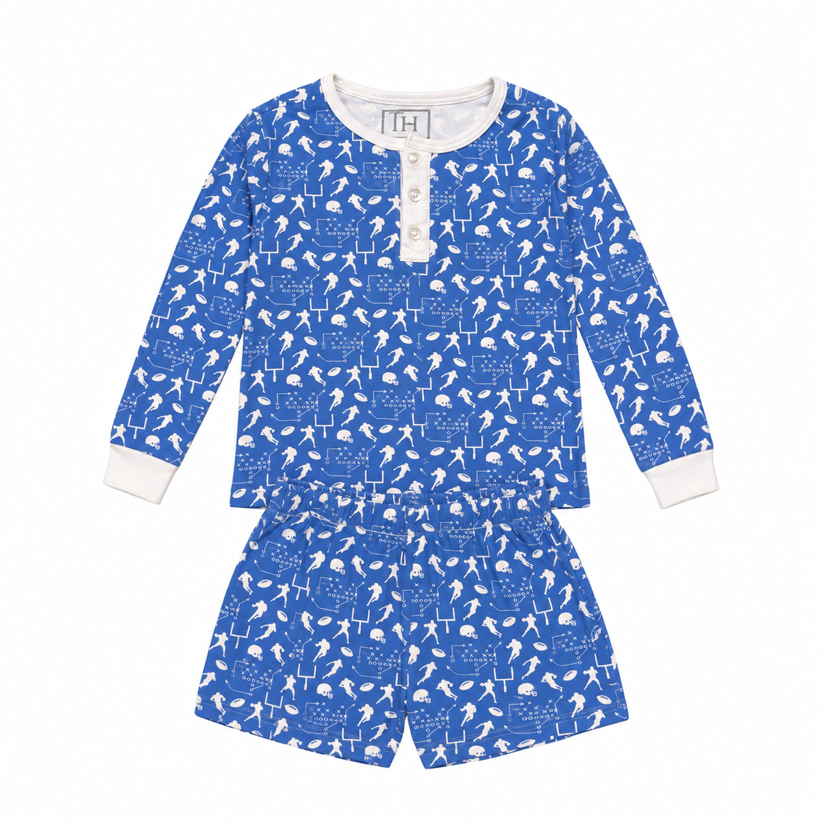 6 Lila & Hayes Blue Football LS Shorts Pajama Set