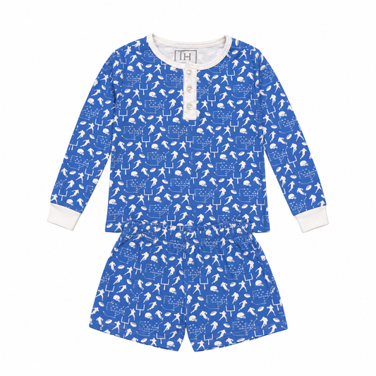 6 Lila & Hayes Blue Football LS Shorts Pajama Set