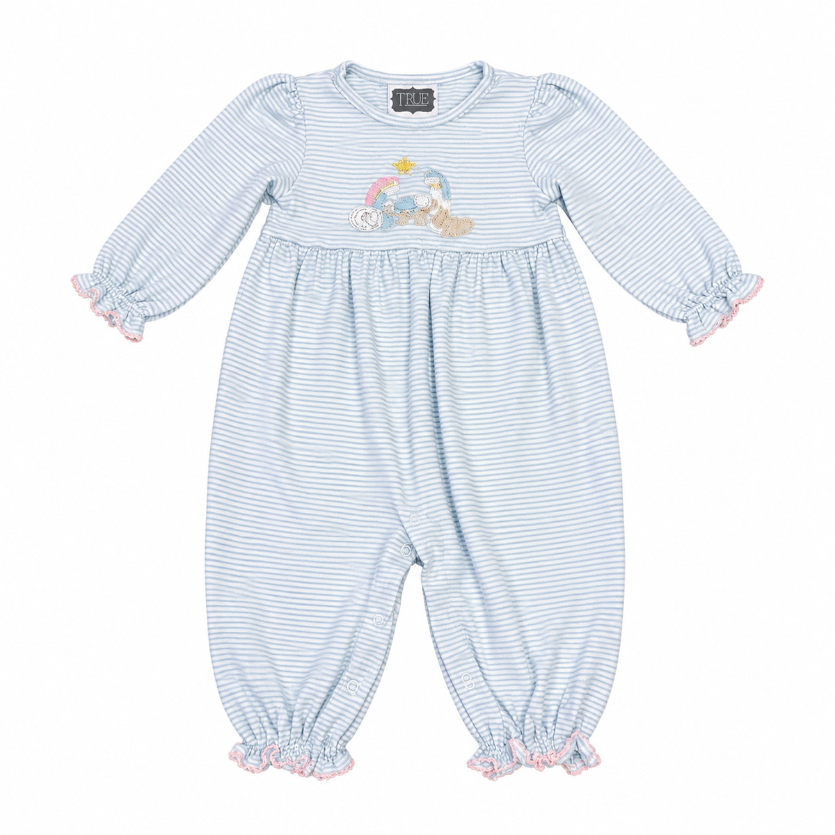 24M True Manger Appliqué Blue & White Long Knit Romper