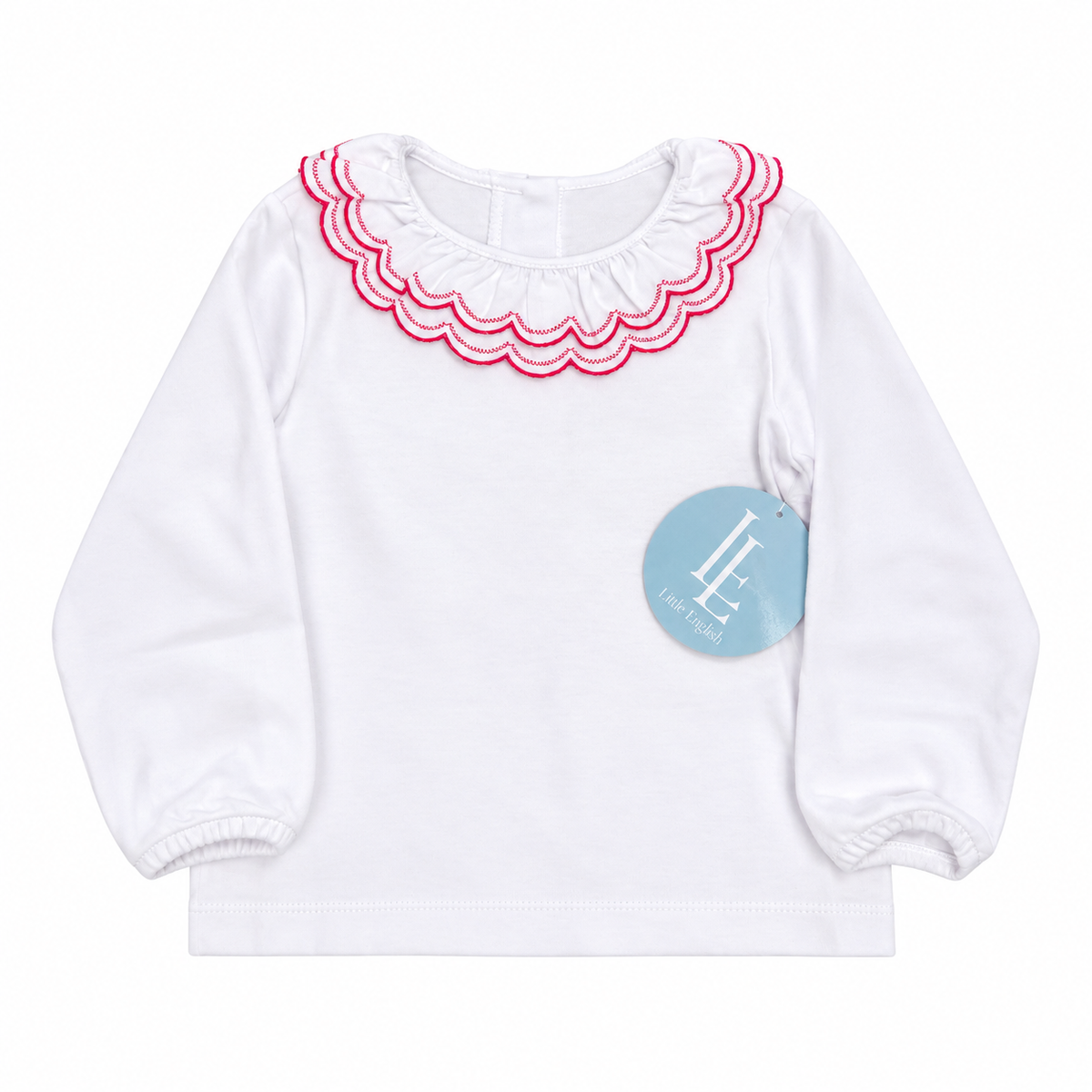 2T Little English Hot Pink Scalloped Knit White LS Top