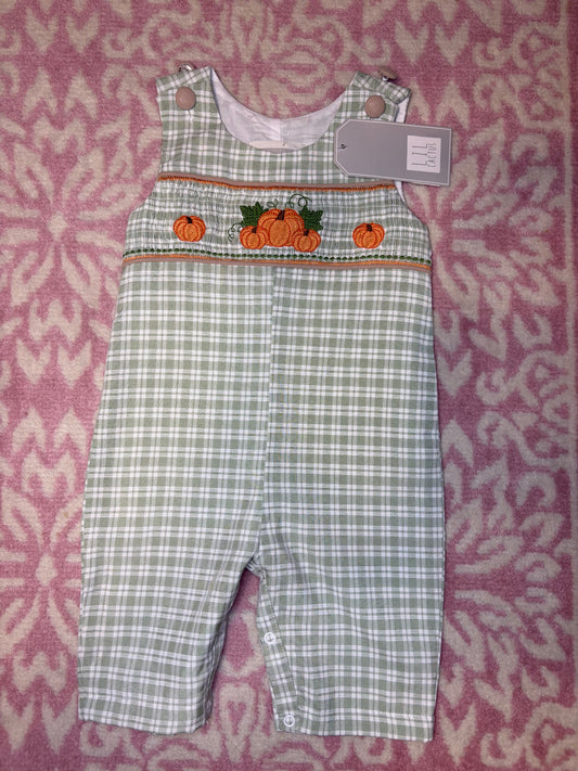3-6M Lil Cactus Sage Green Plaid Pumpkin Smocked Longall