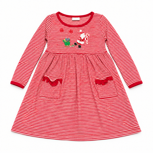 6 Squiggles Santa Red & White Striped LS Dress