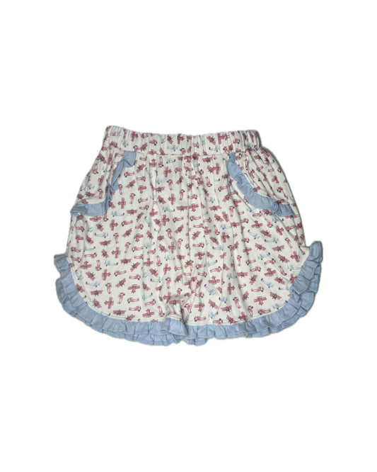 Floral patterned shorts with blue accents on a white background