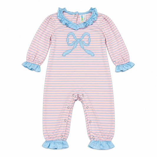 18M Jellybean Bow Blue & Pink Striped Long Romper