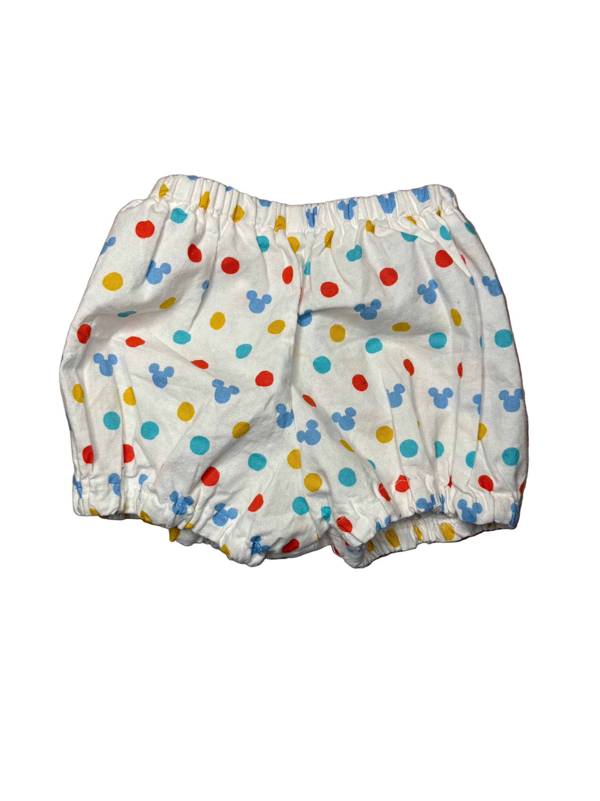 White baby bloomers with colorful polka dots and blue mouse ear patterns, elastic waist and legs