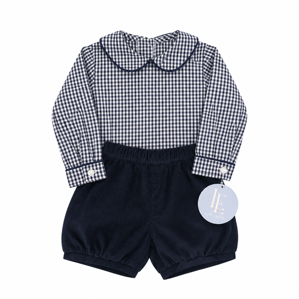 2T Little English Navy Gingham Cord LS Diaper Set