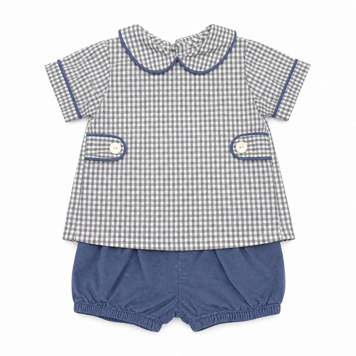 2T Remember Nguyen Blue & Grey Gingham Cord Diaper Set