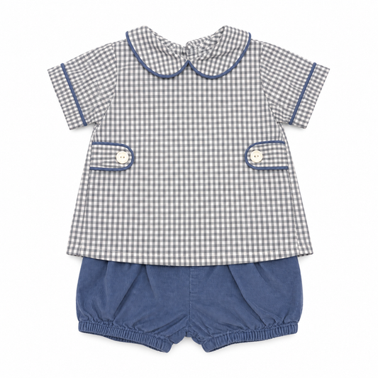 2T Remember Nguyen Blue & Grey Gingham Cord Diaper Set