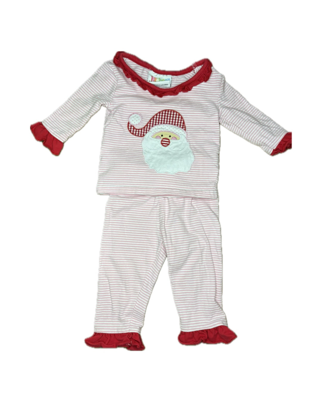 Red and white striped children's pajama set with Santa Claus applique and ruffle trim.
