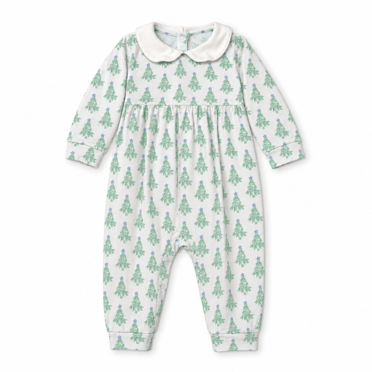 24M James & Lottie Blue & Green Christmas Tree Long Knit Romper
