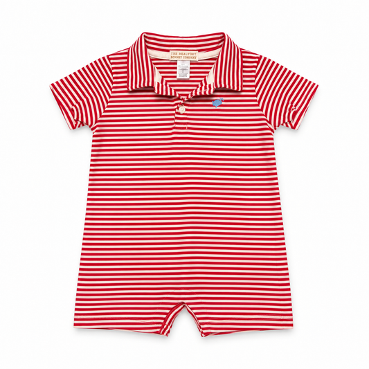 2T TBBC Prim & Proper Polo Romper Richmond Red Striped
