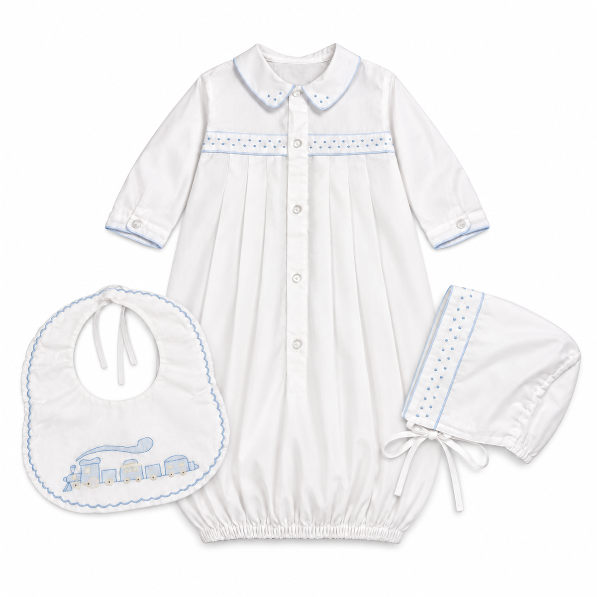 NB Friedknit Creations Baby Boy Day Gown + Bonnet + Bib
