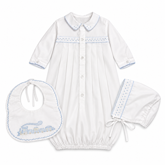NB Friedknit Creations Baby Boy Day Gown + Bonnet + Bib
