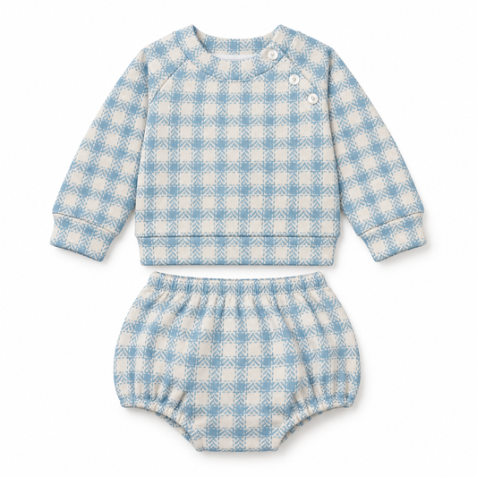 18M Cecil & Lou White & Blue Plaid Thermal LS Diaper Set