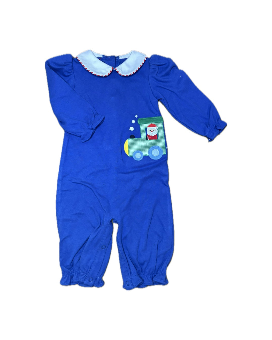 Blue long sleeve baby romper with Santa and train applique, white scalloped collar