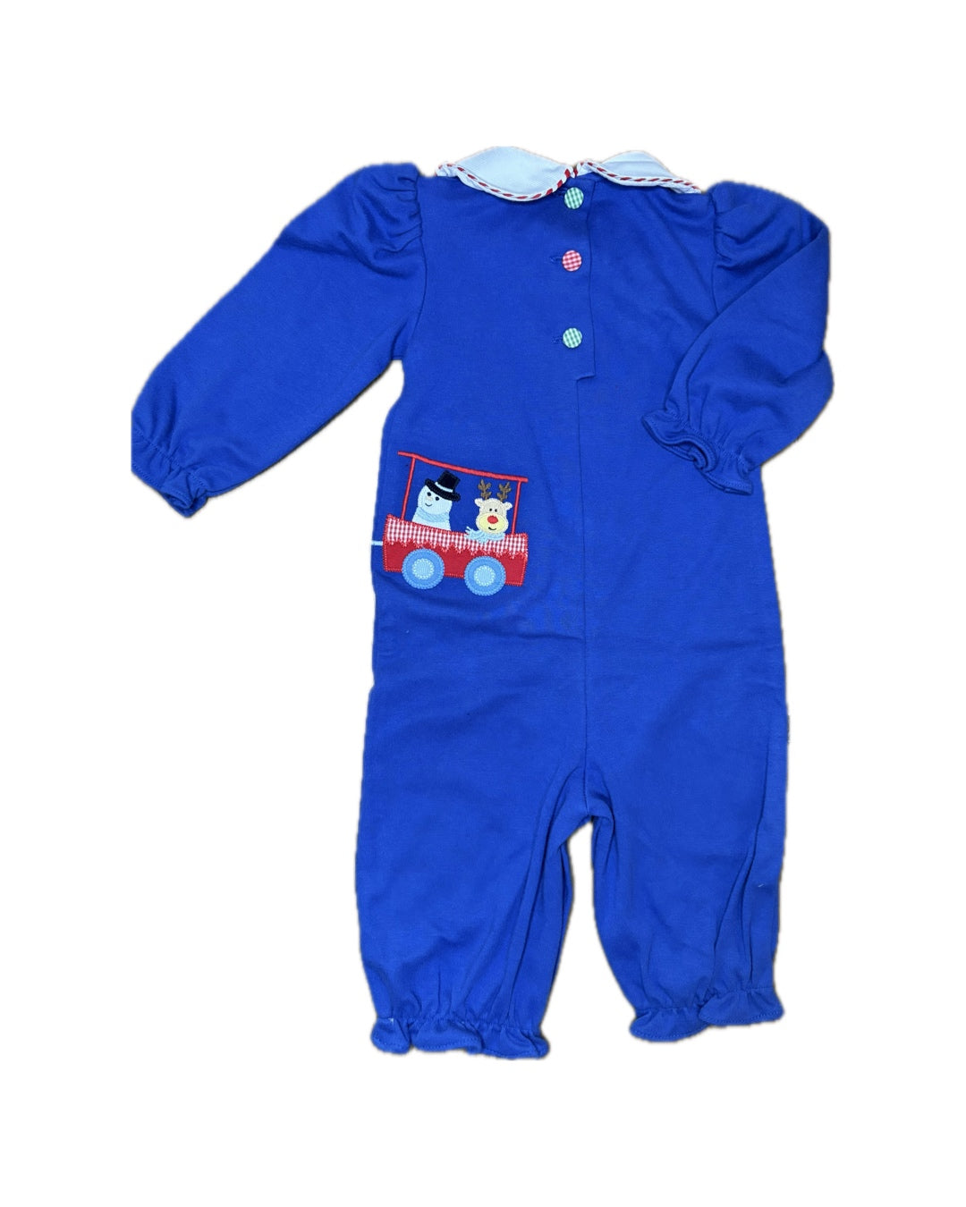Blue long sleeve children's romper with festive train and animal applique, scalloped collar