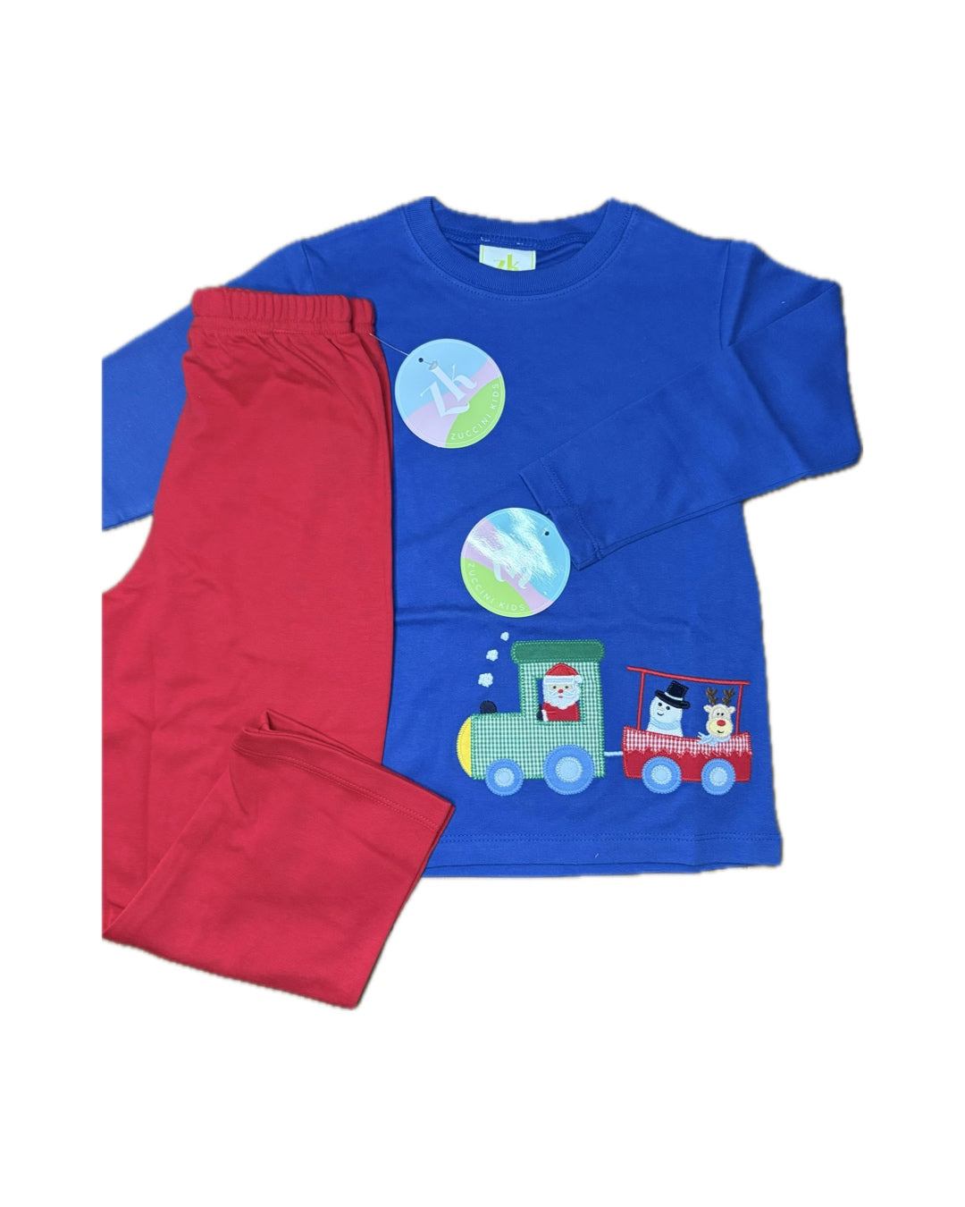 Blue long sleeve toddler shirt with Christmas train applique and red pants set