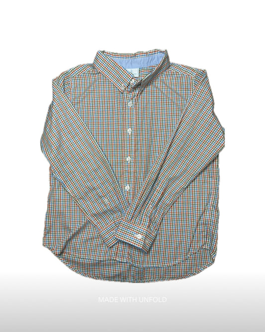 Boys long sleeve button-down shirt with colorful plaid pattern on white background