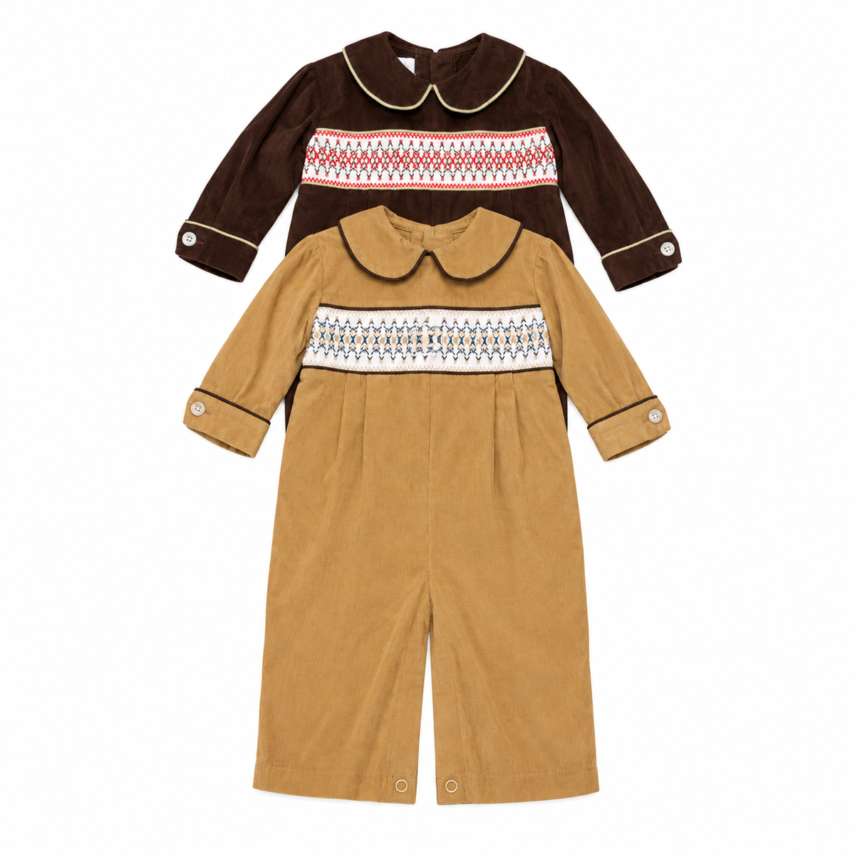 6M Sucre’ Camel & Brown Smocked Cord Long Romper Bundle