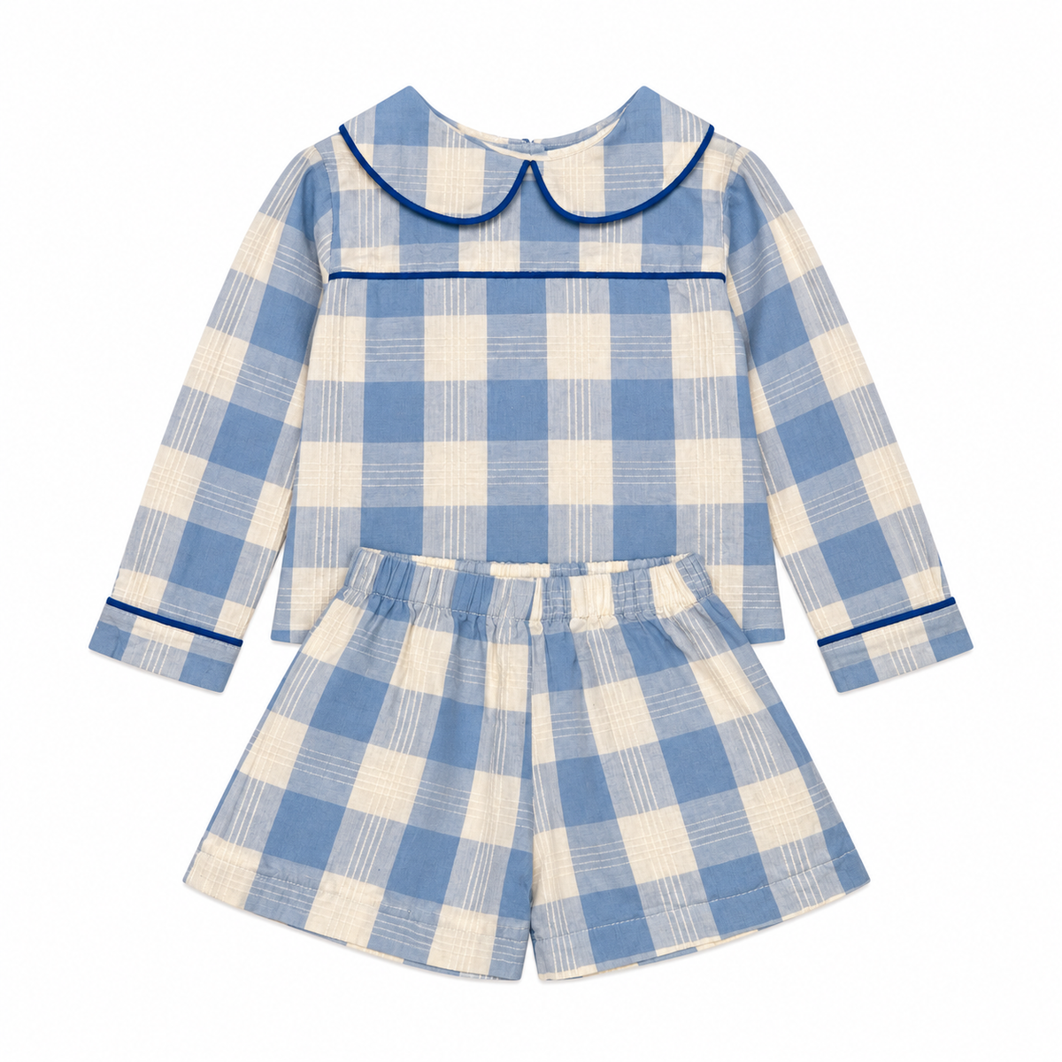 12M The Oaks Blue & Navy Check LS Peter Pan Collar Short Set