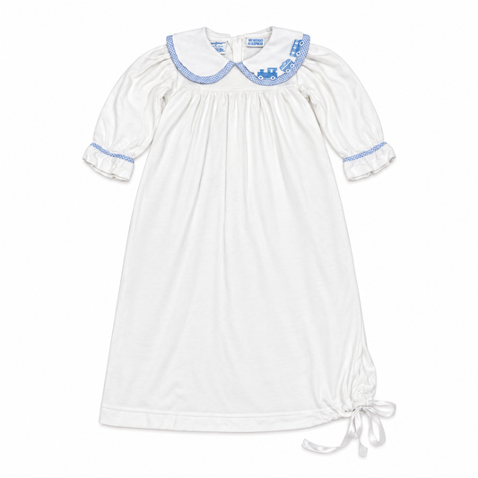 0/3M Carriage Boutique Choo Choo Blue & White Daygown