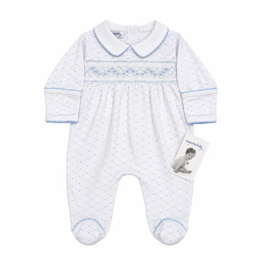 Pre Magnolia Baby Smocked Collar Blue & White Footie Romper