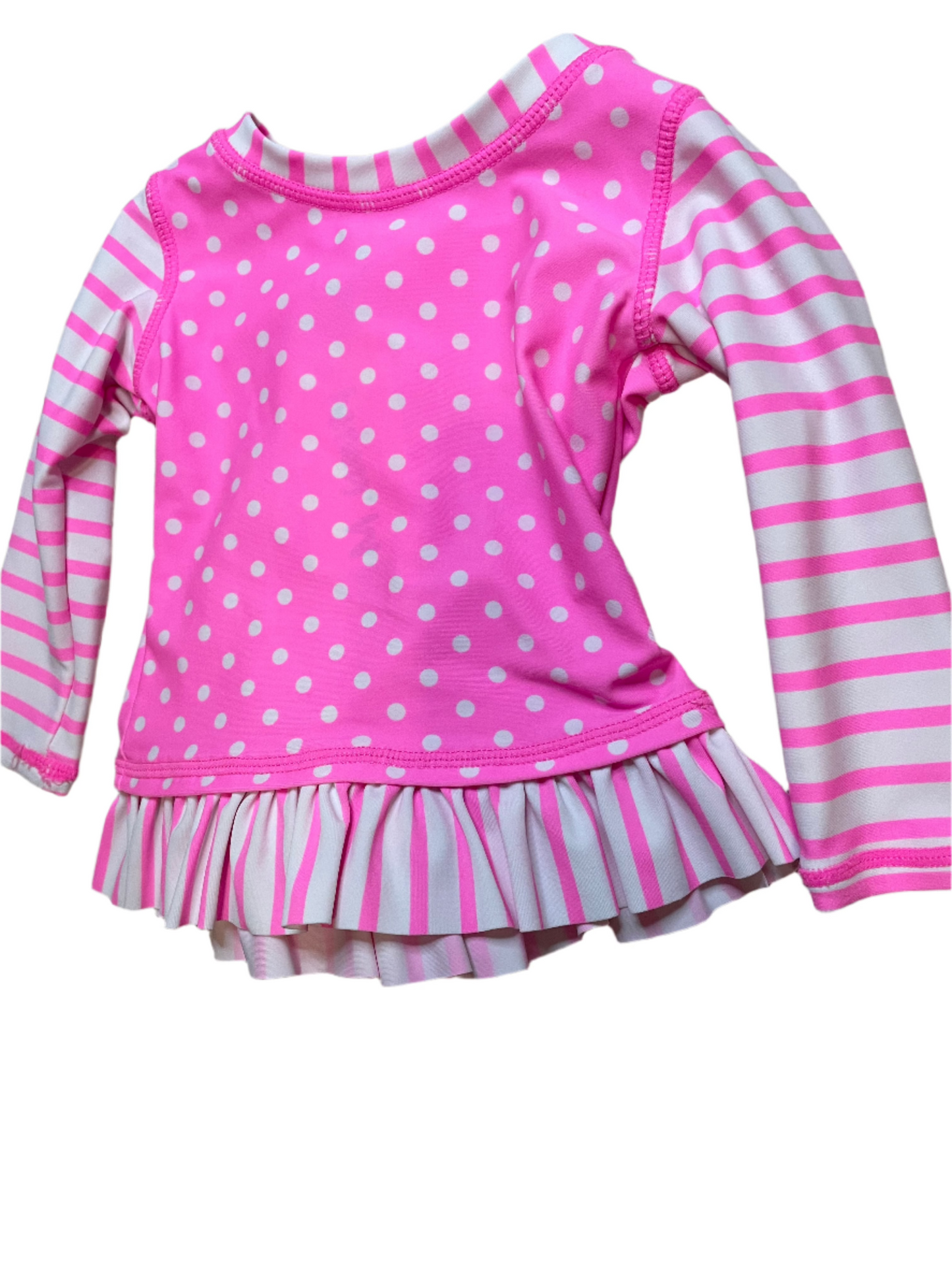 Sz 6/12M Ruffle Butts Pink Polka Dot Rash Guard