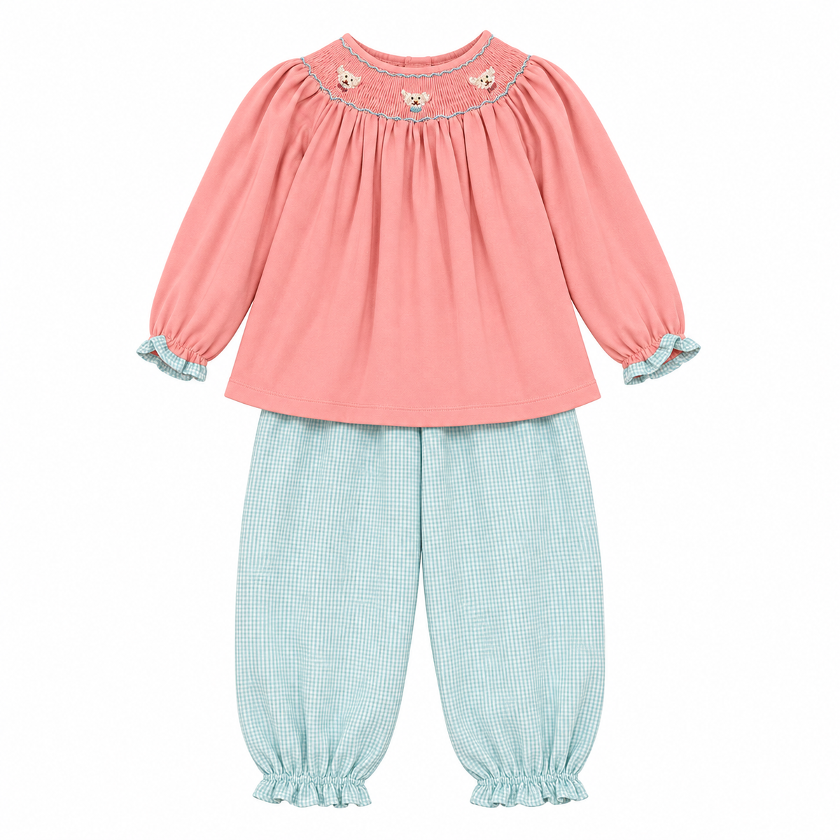 4 Eyelet & Ivy Pink & Mint Puppy Smocked Pant Set