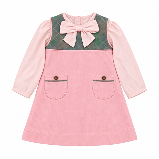 5/6 TBBC Jill Jumper (Corduroy) in Mirador Place Plaid with Palm Beach Pink + Beatrice Bow Blouse