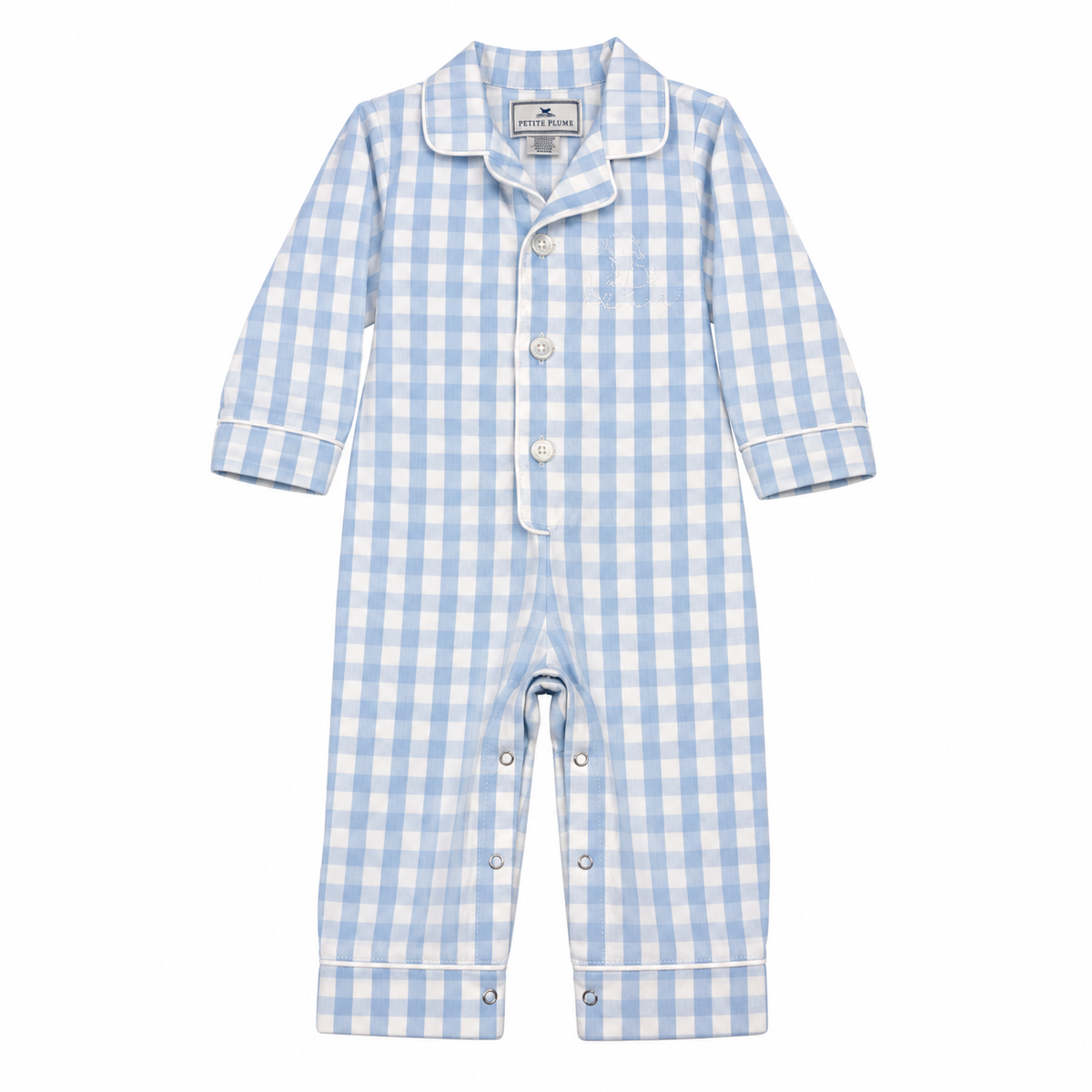 6/12M Petite Plum Blue Gingham Onesie “Beau” Puppy Mono