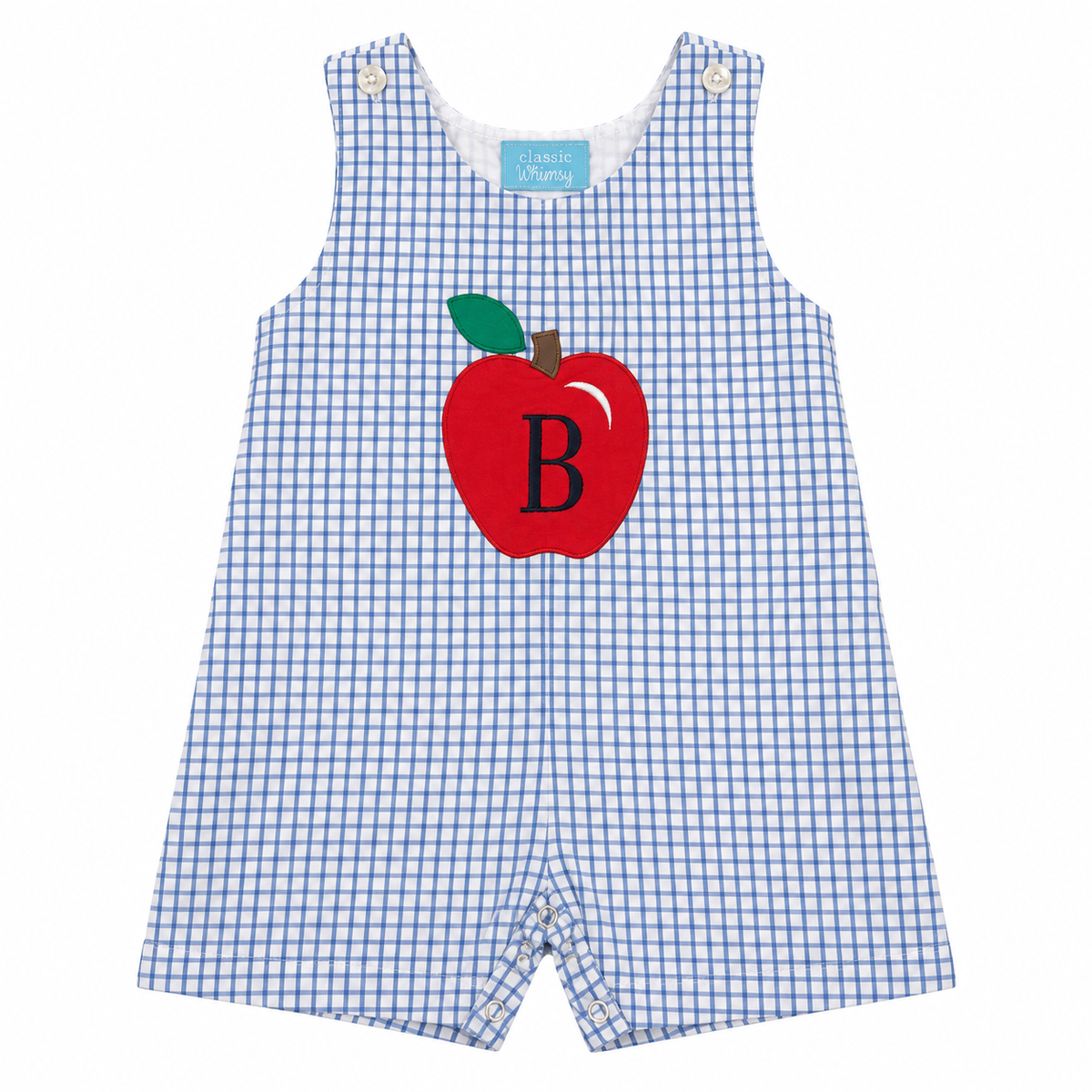 2T Classic Whimsy “B” Apple Appliqué Windowpane Blue Jon Jon