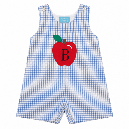 2T Classic Whimsy “B” Apple Appliqué Windowpane Blue Jon Jon