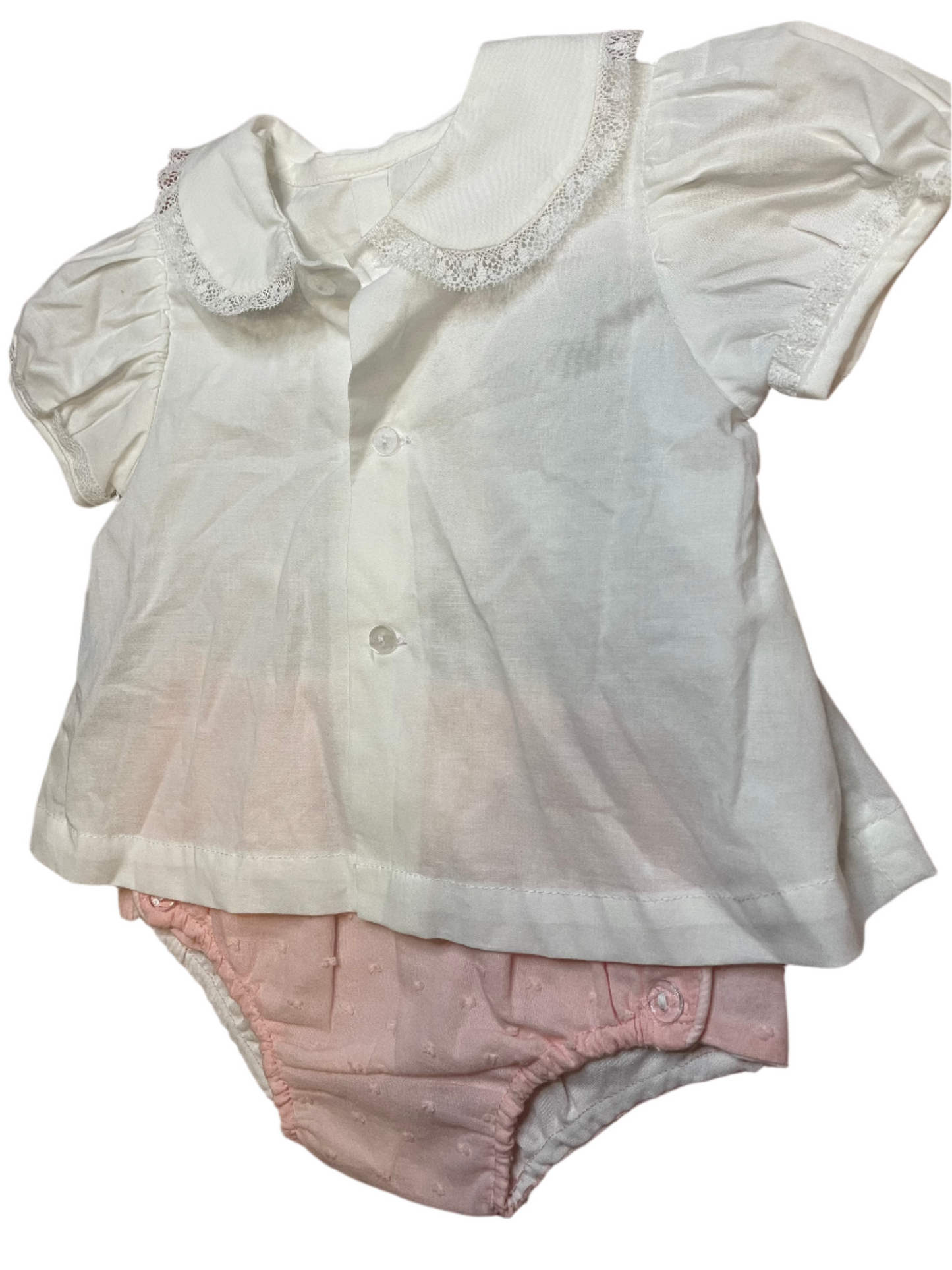 Sz 6M Lullaby Set Heirloom top with pink Swiss Dot Bloomers