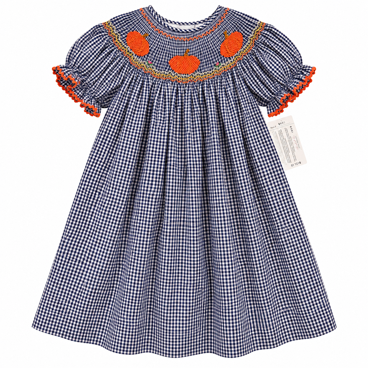 Rosalina Smocked Pumpkin Navy Gingham Dress