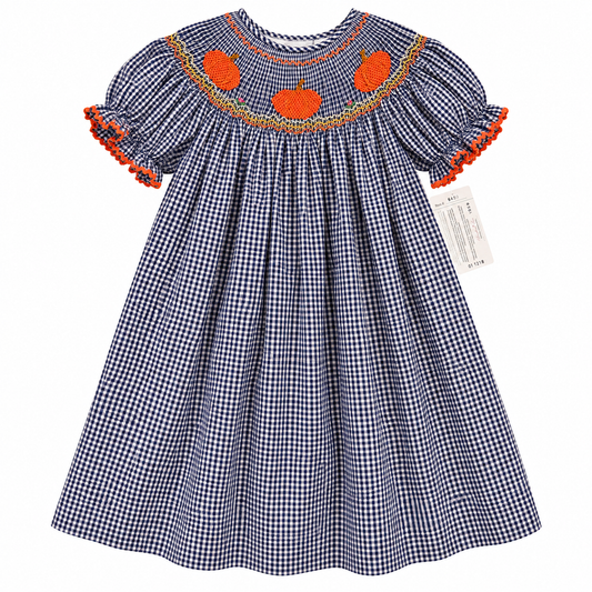 Rosalina Smocked Pumpkin Navy Gingham Dress