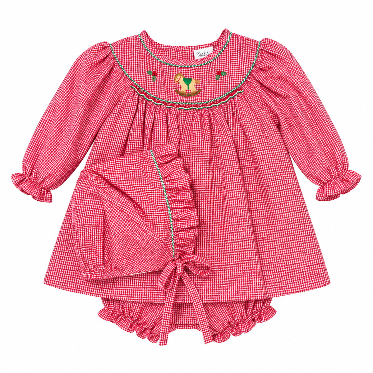 NB Petit Ami Rocking Horse Holly Dress + Matching Bonnet