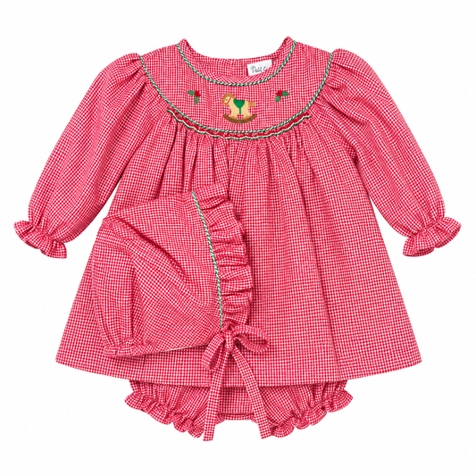 NB Petit Ami Rocking Horse Holly Dress + Matching Bonnet