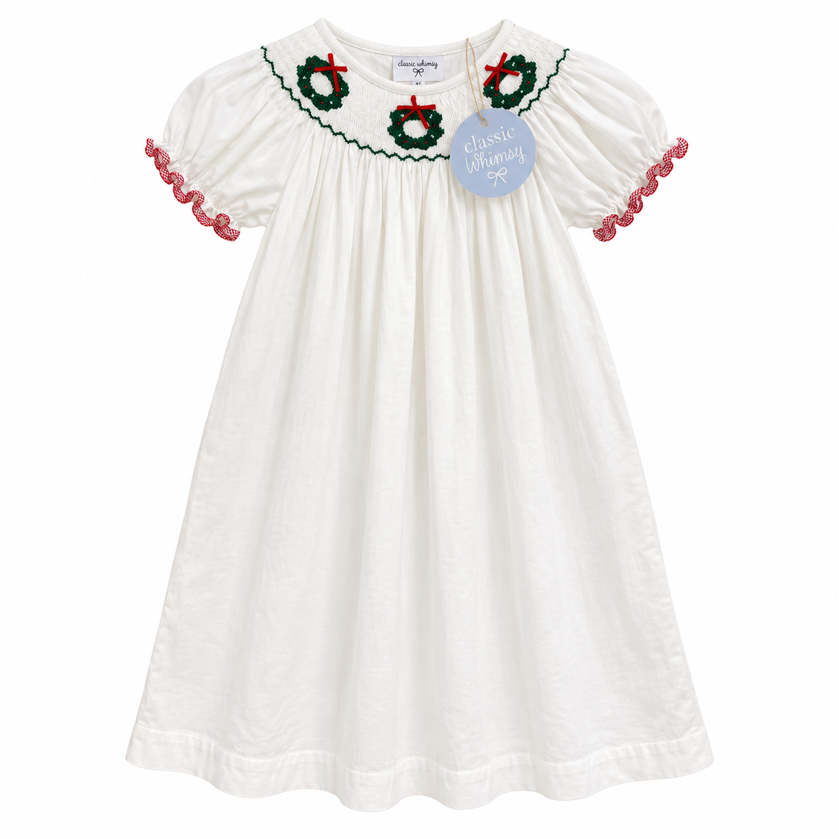 8 Classic Whimsy White Cord Christmas Wreath Smocked Dress
