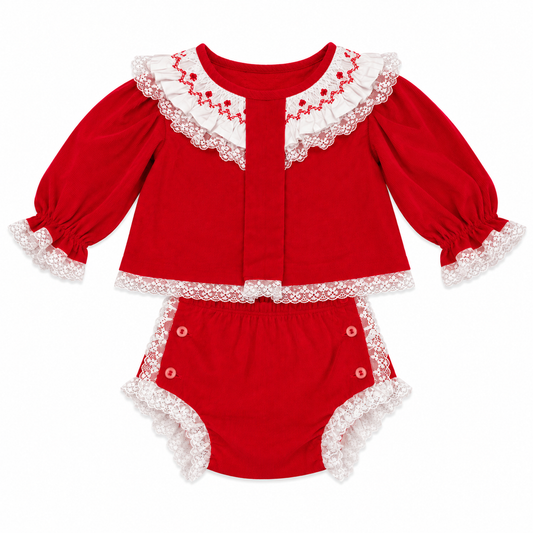 NB Cecil & Lou Red Cord Heirloom Smocked Bloomer Set