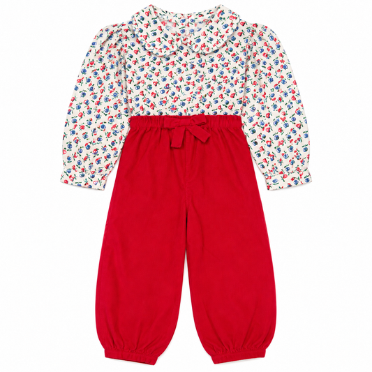 4T Little English Ruffle Fruit Red Cord Bow Pant Set